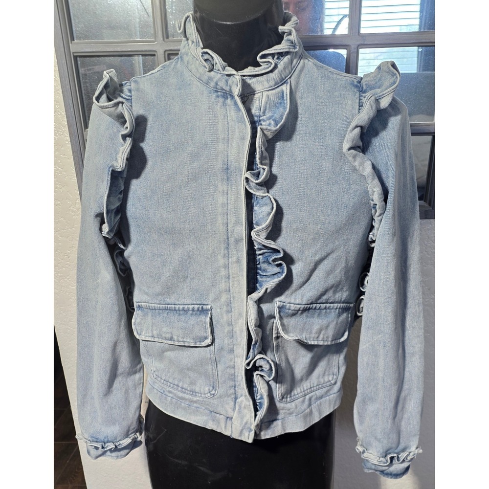 Fate Women Light Wash Denim Ruffle Trim Jacket FJ75137 Blue Jean Small
